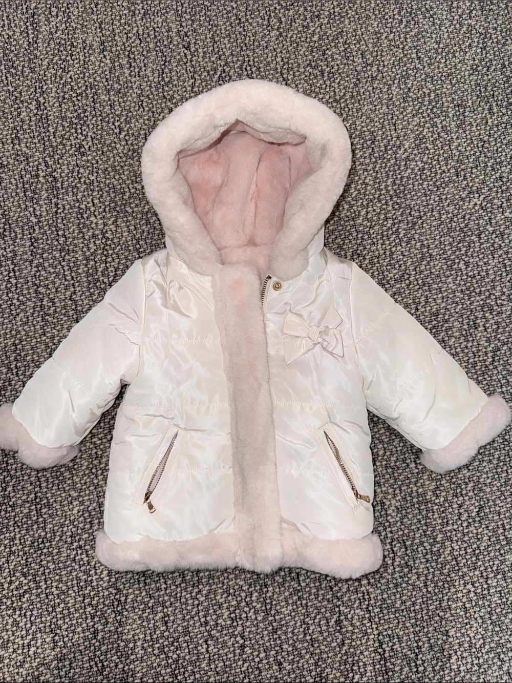 Tartine et Chocolat Pale Pink Faux Fur Jacket with Pale Pink Trim